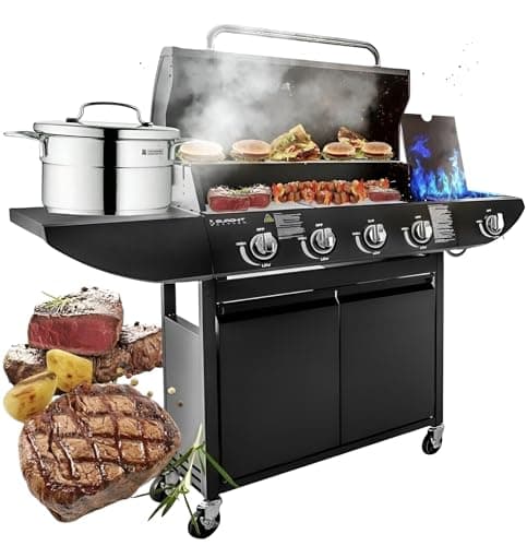 Image of Campfire Original Barbecue BBQ 5 Gas Burner 4+1 Garden Grill, Steel Warming Rack, Side-Burner, Storage & Built-in Temperature Gauge for Home Garden Party Outdoor Cooking