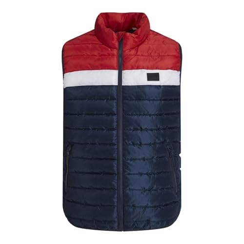 Image of JACK & JONES Mens Puffer Gilet- Warm, Breathable, High Collar, Water-Resistant, Zipper Pocket Outerwear Jacket for Men, Navy True Red, Size- Medium