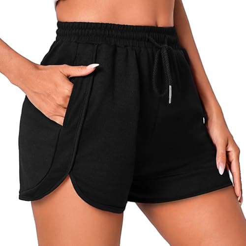 Image of Litherday Women's Running Shorts Gym Sweat Jogging Sports Casual Lounge Athletic Workout Ladies Cotton Shorts High Waisted with Pockets Black