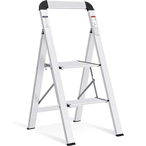 Image of KINGRACK 2 Step Ladder with Handrail, Non-Slip Household Ladder with Folding Safety, Aluminium Folding Step Stool, Maximum Load 150 kg, Silver