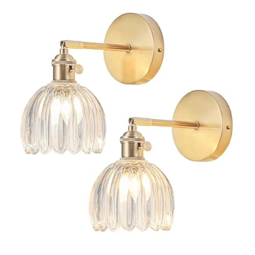 Image of Wall Sconce Lights Set of Two Hardwired, Vintage Wall Lights with Tulip Transparent Glass Lampshade, Bathroom Wall Sconces with Switch, Gold Wall Light Wall Decor Set of 2, Light Bulb Not Included