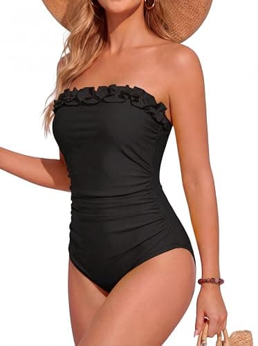 Image of Smismivo Strapless Swimsuits for Women Bandeau Swimming Costume One Piece Tummy Control Swimwear Ruched Slimming Vintage Tube Top Padded Push Up Bathing Suit (Black)