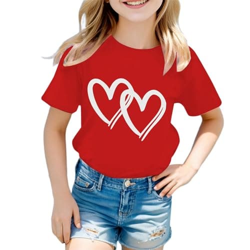 Image of Cute Graphic Print Cotton T-Shirt - Girls' Lightweight Soft Top - Round Neck Short Sleeve Tee - Summer Casual Shirt - School Tee - Christmas T-Shirt - Age 3-12 (05-Red, 7-8 Years)