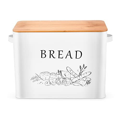 Image of Herogo Bread Bin, Metal Bread Box with Wooden Lid for Cutting Bread Board, Extra Large Bread Holder Holds 2 Loaves, Space Saving Bread Storage for Kitchen Countertop, 33x18x24.5cm (White)
