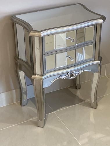 Image of CMD Furniture French Style Mirrored Bedside Cabinet With Antiqued Silver Trim 2 Drawer