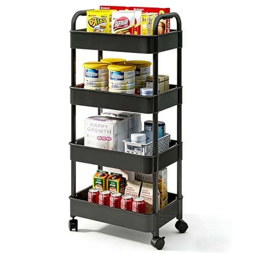 Image of hzfengsheng 4-Tier Storage Trolley on Wheels, Slide Out Rolling Utility Cart for Kitchen Bathroom Narrow Places Laundry Room Bedroom Office, Space-Saving Mobile Storage Shelving Organizer (Black)