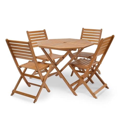 Image of VonHaus Outdoor Dining Table and Chairs Set 4 - Wooden Folding Garden Dining Set with Teak Oil Coating - Weather Resistant Acacia Wood Patio Set - Wooden Garden Furniture - Cannes