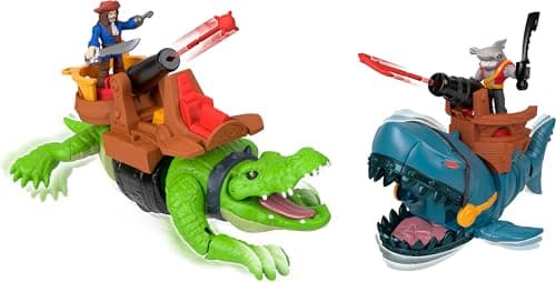 Image of Fisher-Price Imaginext Pirate Shark vs Crocodile Playset with Walking and Chomping Action, 2 Action Figures, 6 Accessories, JNB04