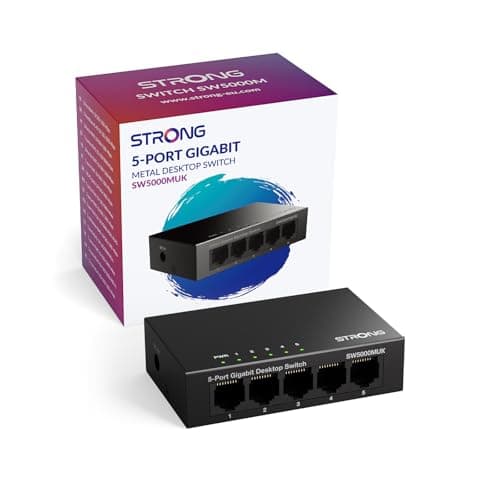 Image of Strong 5 Port Gigabit Network Switch, Ethernet Splitter, 10/100/1000 Mbps LAN Hub, Plug & Play, Fanless, Silent Operation, Desktop or Wall-Mount, Ideal for TV/PC/Gaming/Smart Home Devices