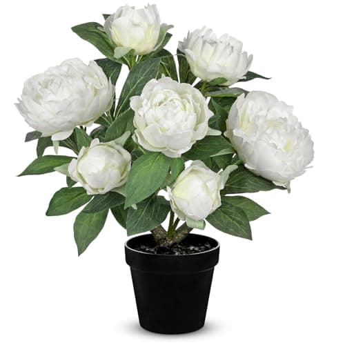 Image of Oairse Artificial Peony Flowers in Pot Realistic Silk Fake Plant for Home Decor Faux White Peonies Flower with Pot Floral Decoration for Wedding Living Room Bedroom Office Table Centrepiece