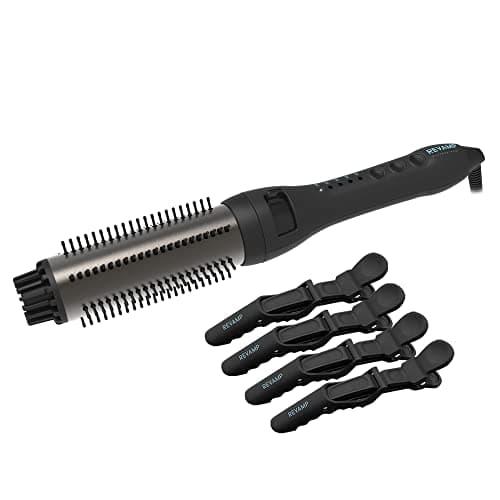 Image of REVAMP Progloss Perfect Finish Curl & Waves Brush + Hair Sectioning Clips - Heated Curling Hairbrush for Curly Hairstyles, Unique Waver and Volumiser, Infused with Keratin, Coconut, Argan Oil - Black