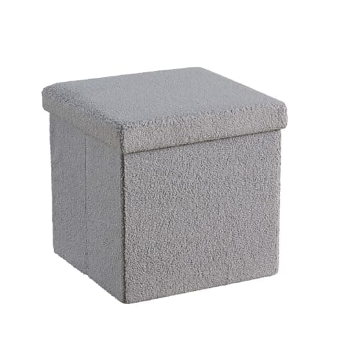 Image of Home Source Folding Ottoman, Boucle Teddy Bear Fabric Storage Square Box, Grey