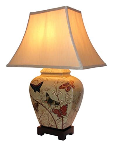Image of DOWNTON INTERIORS UK Large Oriental Ceramic Table Lamp with Porcelain Base and Faux Silk Shade. Olive and Cream with Traditional Butterfly and Blossom Design (M8844) - Chinese Mandarin Style