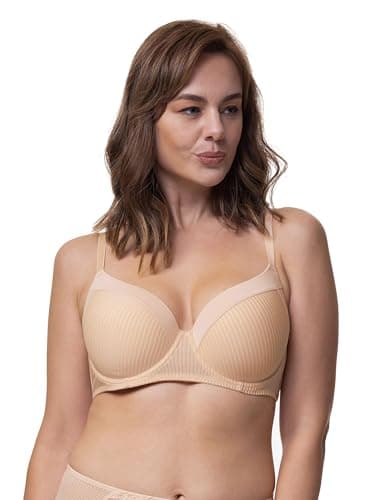 Image of CARMEN Lightly Padded Demi Bra – Burnout Stripe Micro Fabric, Underwired Support, Power Mesh U-Back Wings, Adjustable Straps & Three-Strand Hook & Eye Fastening for Curvy Busts, Beige