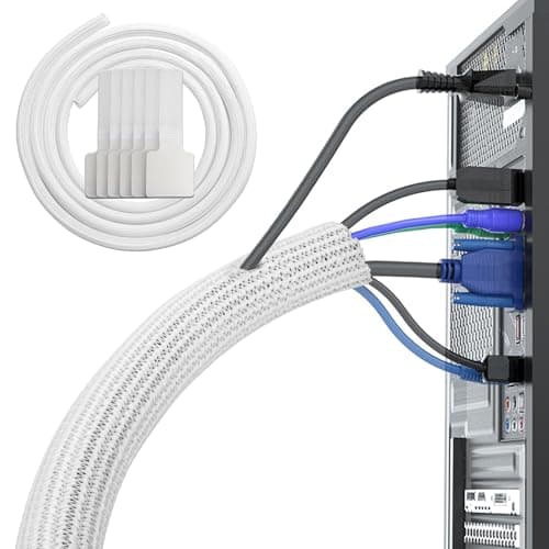 Image of White Cable Tidy Sleeve(Length 10ft, Diameter 1/2 to 1 Inch Expandable), Braided Cable Sleeve Split& Self-wrap Sleeving for Usb Cable Power Cord Audio Video Cable, Protector Animal from Chewing Cords