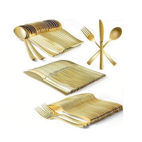 Image of 150Pcs Gold Plastic Cutlery Set，Washable and Reusable Heavy Duty Tableware，50 Knives 50 Forks and 50 Spoons Perfect for Birthday Parties and Weddings