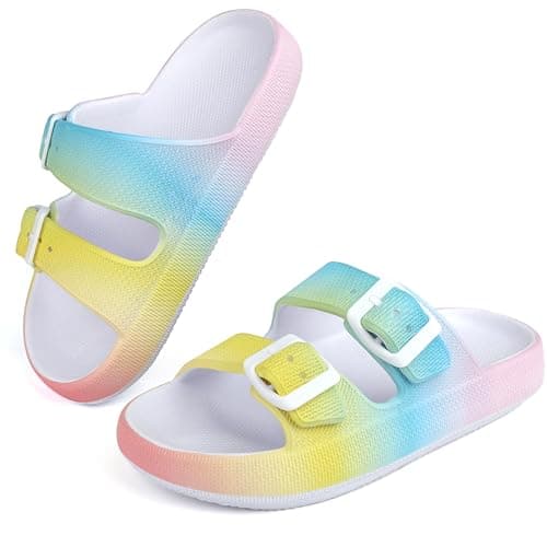 Image of Kids Cloud Sliders Boys Girls Adjustable Buckle Sandals Non-Slip EVA Bedroom Shower Slippers Beach Pool Flip Flops (Rainbowr,4 UK)