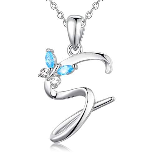 Image of EUDORA Initial Butterfly Necklace 925 Sterling Silver S Alphabet Letter Personalised Pendant Necklaces with Blue Cubic-Zirconia Gifts for Women Ladies Girls Mother's day, 18 inches Chain