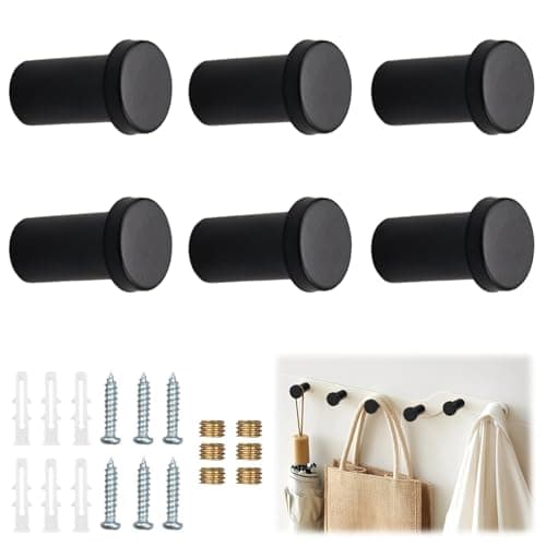 Image of 6 Pieces Black Round Wall Hooks, 36 mm Round Black Clothes Hooks Set, with Mounting Screws, Expansion Tubes and Copper Bushings, Stainless Steel Door Hooks, for Kitchen, Bathroom, Study and Bedroom