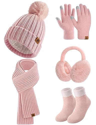 Image of Niwicee Knitted Hat & Scarf Set - 5 Pcs Ski Outing Set - Winter Plush Ear Warmers, Long Scarf, Beanie Hat, Touch Screen Gloves, Thermal Socks for Skiing & Outdoor Sports (Pink, Onesize)