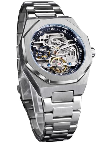 Image of Forsining Fashion Automatic Mechanical Wristwatch Luxury Diamond Tourbillon Skeleton Watches for Men Silver Stainless Steel Male Clock