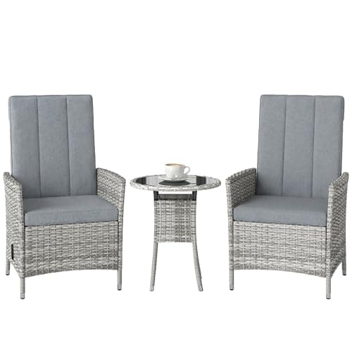 Image of Outsunny 3 Piece Rattan Bistro Set, Reclining Garden Chairs and Glass Top Bistro Table with Cushions, PE Wicker Garden Furniture Conversation Set for Patio, Balcony, Porch, Light Grey