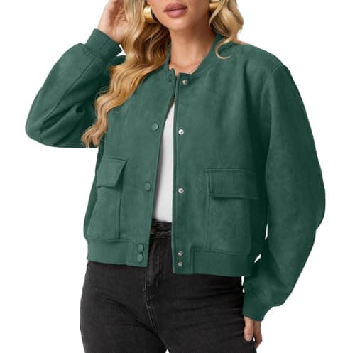 Image of GRECERELLE Womens Bomber Jacket Long Sleeve Crop Casual Smart Biker Vintage Classic Work Shacket Coat for Ladies with Snap Buttons, Two Pockets, Elastic Cuffs and Hem (Dark Green, XL)