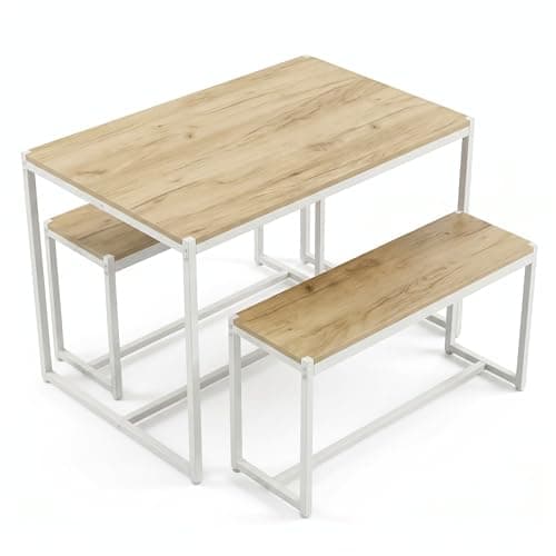 Image of Blisswood Dining Table with Bench Set 4, 110cm Space Saving Kitchen Table with 2 Benches for Small Spaces, Industrial Wood & Metal Dining Table Set for Home, Apartment & Dining Room (Oak)