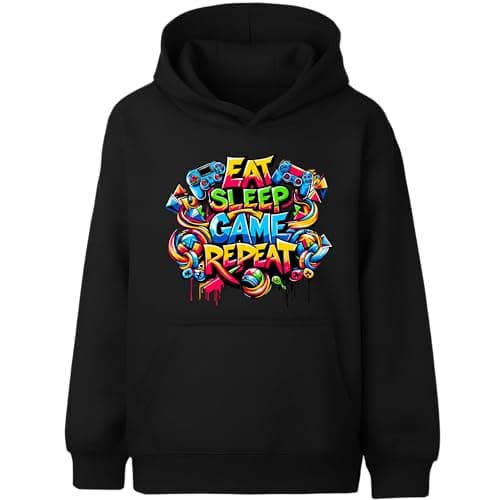 Image of Fringoo Gamer Hoodie Grey for Boys Cotton Rich Soft Hooded Sweatshirt for Boys Gaming Pullover Jumper with Kangaroo Pocket Age 5-13 (UK, Age, 12 Years, 13 Years, Regular, Black - EAT Game)
