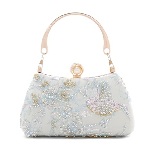 Image of LHHMZ Women Trendy Floral Embroidery Beaded Bag, Butterfly Clutch Handbag, Elegant Floral Shoulder Bag for Wedding Party Formal