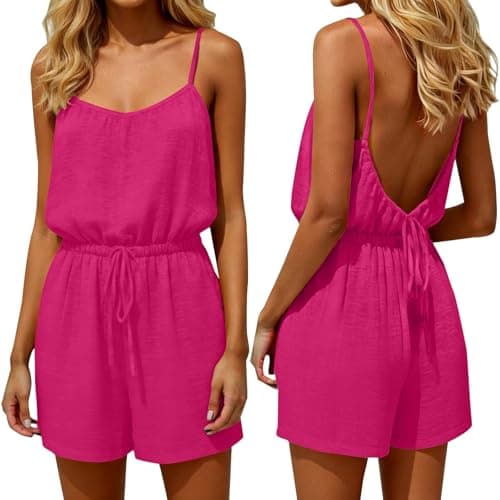 Image of HOOUDO Linen Jumpsuit for Women UK 2026 Dungarees Backless Cami Sleeveless Wide Leg Rompers Elegant One Piece Overalls Solid Casual Playsuit for Summer Beach Vacation Hot Pink