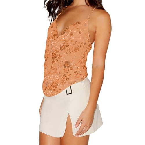 Image of YILEEGOO Women Sequin Floral Cami Tops Cowl Neck Spaghetti Strap Open Back Asymmetrical Shirts Rhinestone Going Out Tops (Orange, S)