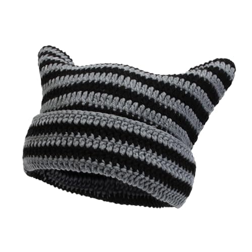 Image of QKURT 1PACK Striped Knit Cap, Striped Knit Hat Cat Ear Knitted Cap Beanies Hat Warm Beanie Hats Knit Beanie Thermal Soft Hats Black