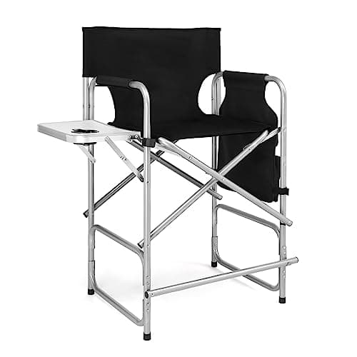 Image of Outopee 26" Tall Directors Chair Height Seat Folding with Side Table Storage Bag, Portable Makeup Artist Chair with Bar Height, Support for 300Lbs, Black (Silver Grey)