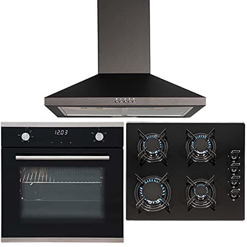 Image of SIA 60cm Black Touch Control Single Fan Oven, 4 Burner Gas Hob & Cooker Hood Fan