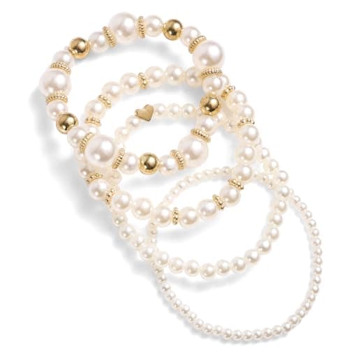 Image of Mikovivi 4pcs Pearl Bracelets for Women, Multilayered White Simulated Pearl Beaded Bracelet Set Stackable Stretchy Dainty Bridal Jewelry with Heart Charms for Wedding Birthday Party (Gold)