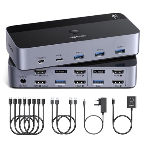 Image of UGREEN 8K@60Hz HDMI 2.1 KVM Switch 2 Monitors 2 Computers Support 4K@120Hz, 4 Port USB3.0 KVM Switcher HDCP 2.3 KVM Switches for 2 Computers Share Keyboard, Mouse, Hard Drive and 2 Monitors