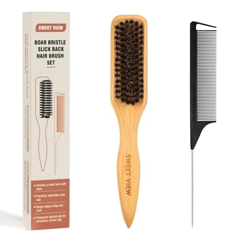 Image of SWEET VIEW Boar Bristle Slick Back Hair Brush for Smooth Flyaways, Frizz, Sleek Ponytail, Buns and Edge Baby Hair, Teasing | Gel Comb, Styling Accessories for Girls, Kids and Women