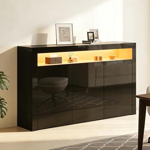 Image of Sideboard High Gloss 3 Doors Sideboard Cabinet Storage Cupboard with LED Lights for Dining Room Living Room Modern (Black)
