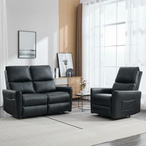 Image of More4Homes MADRID 1+2 SEATER MANUAL RECLINER AIR LEATHER SOFA SET (Black)