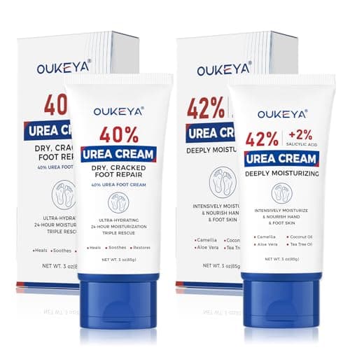 Image of OUKEYA 40% Urea Foot Cream & 42% Urea + 2% Salicylic Acid Cream Set, Intensive Repair for Dry, Cracked Heels, Feet & Hands, Exfoliating & Deep Moisturising Treatment, 2x85g