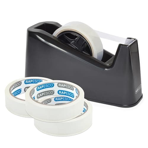 Image of Rapesco 1639 500 Manual Heavy Duty Desktop Tape Dispenser with 4 Clear Tape Rolls, Black