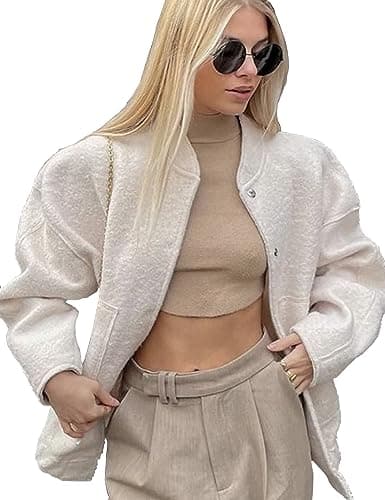 Image of Megfie Womens Oversized Wool Blend Jackets Button Down Shacket Stand Collar Outerwear Bomber Jackets, Beige, M