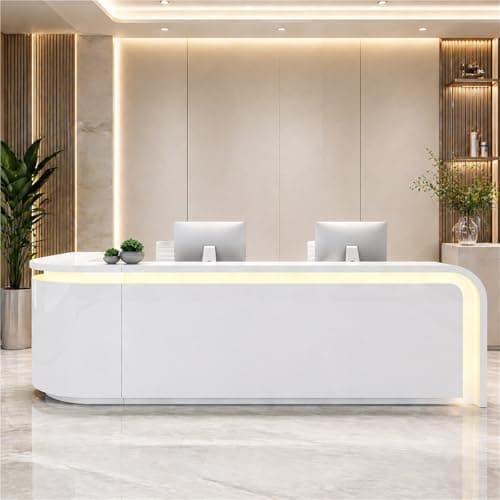 Image of UKETO Reception Desk L Shaped Large Front Desk Modern High Gloss LED Reception Counter with Storage for Office Salon Retail Hotel Lobby(White Right,200cm/78.74")