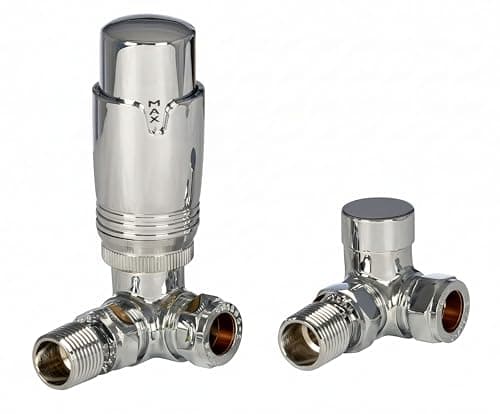 Image of TC Premium Corner Angled Thermostatic Radiator Valves & Lockshield Valve 15mm Chrome TRV Pack