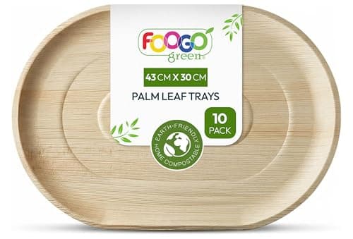 Image of FOOGO Green 10 Disposable Palm Leaf Serving Trays, Large Oval 17"x12" (43cmx30cm), For Platters Starters, Canape, Charcuterie Board, Eco-Friendly And Sturdy Like Wooden Hot Food Trays