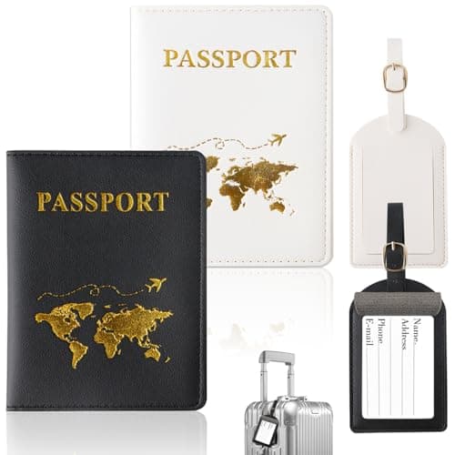 Image of ZDNT 4 Pcs Passport Cover and Luggage Tag,Passport Holder,Passport Cover Luggage Tag Set,PU Leather Passport Holder Travel Wallet Case Organiser for Passport Credit Card Business ((White,Black))