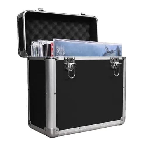 Image of MAGNA RETAIL Vinyl LP Storage Box | 12" Record Case | Heavy Duty Lockable Aluminium Box | Vinyl Record Storage | Large Capacity Holds Upto 50 | DJ Metal Case (Black)
