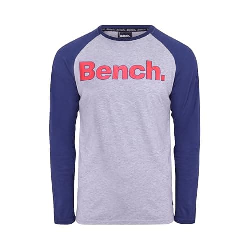 Image of Bench Men's Long-Sleeved Raglan T-Shirt with Graphic Logo Crew Neckline Casual Smart Shirts Long Sleeve T Shirt Mens Gym Tshirt & Active Wear Full Sleeve Designer Tops & Running Tees Navy/Grey M