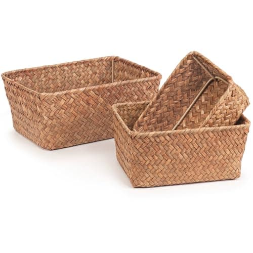 Image of Woodluv 3 Seagrass Storage Basket for Shelves Set of 3 Small, Hand-Woven Storage Basket, Wardrobe Organiser, Hamper Baskets, Brown